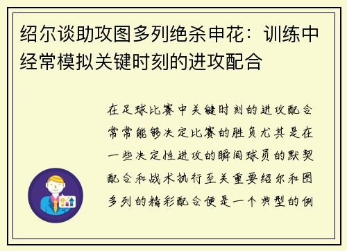 绍尔谈助攻图多列绝杀申花：训练中经常模拟关键时刻的进攻配合